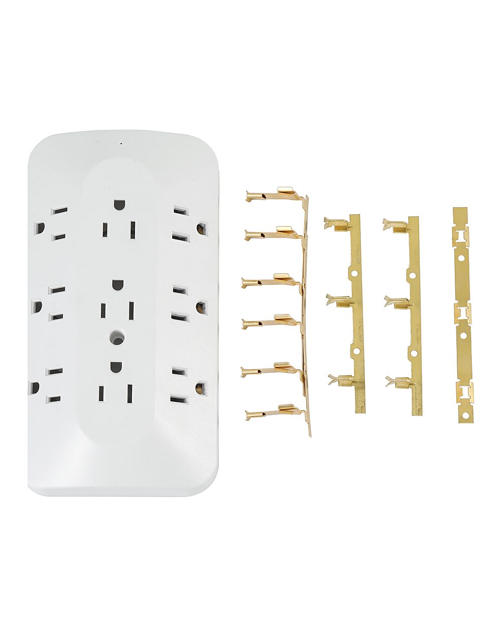 Brass contact strips supplied with a multi-way power strip housing