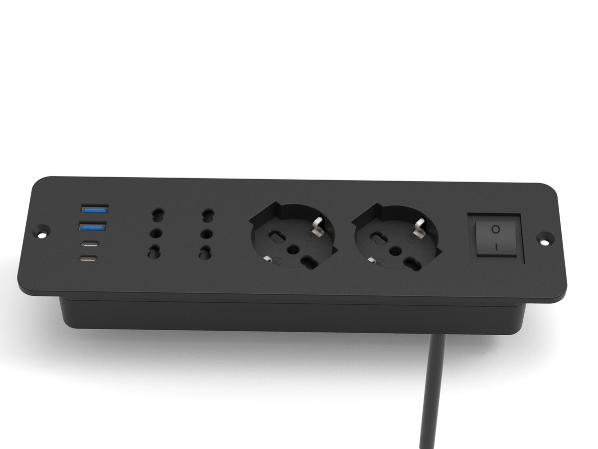Desktop power module with universal and Schuko outlets, USB ports and a switch