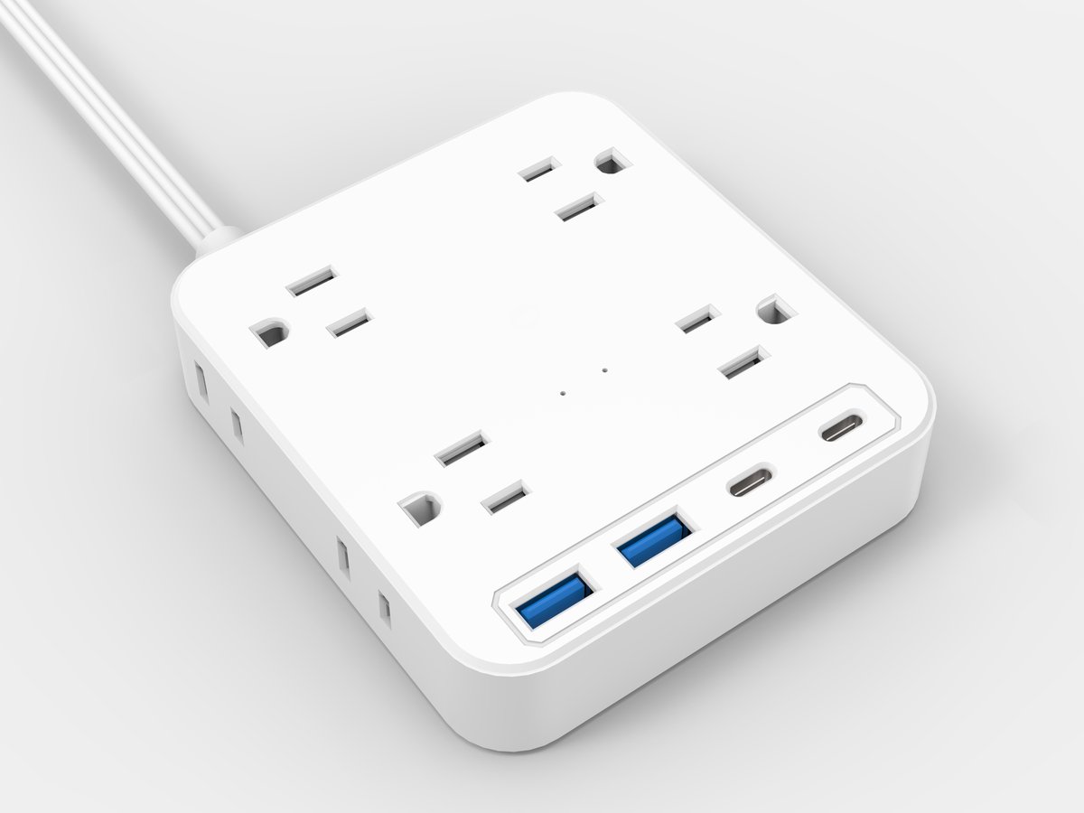NEMA 5-15 US-style power strip with flat-blade sockets and USB ports