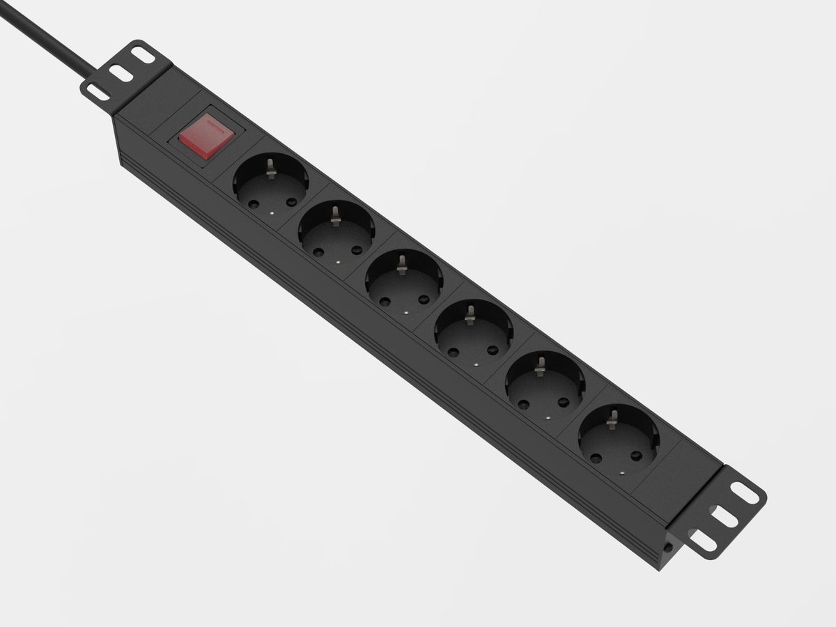 Schuko PDU power strip with six outlets, rocker switch and mounting brackets