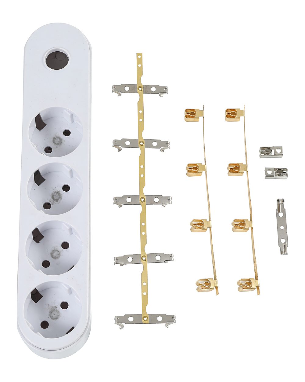 Complete brass accessory set laid out beside a power strip body
